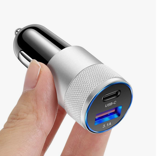 3.1A PD Car Charger – Fast Charging USB Adapter, Silver